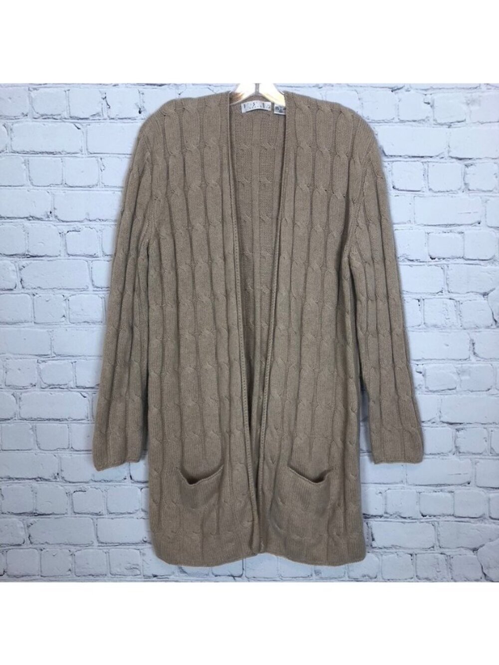 TSE 100% Cashmere Cable Knit Cardigan Sweater Size L Tan